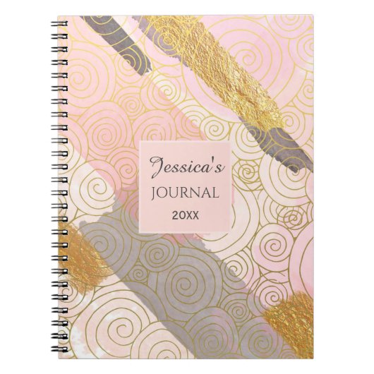 Abstract Gold Stripes and Pink Swirls Personalised Notitieboek (Voorkant)