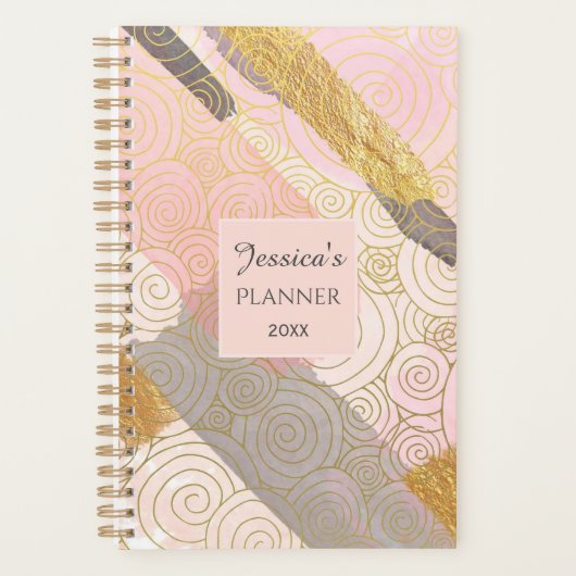 Abstract Gold Stripes and Pink Swirls Personalised Planner (Voorkant)