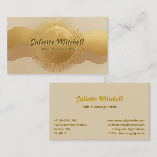 Abstract Gold Sun Hair & Makeup Artist Card Visitekaartje (Voorkant / Achterkant)