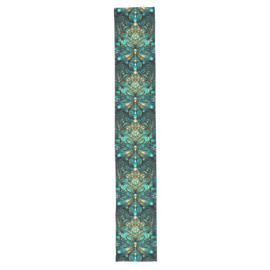 Abstract Golden Floral Blauw Groen Elegant Patroon Lange Tafelloper (Voorkant)