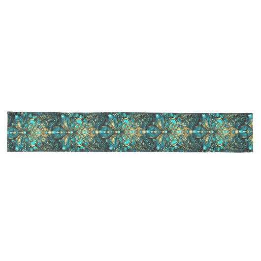 Abstract Golden Floral Blauw Groen Elegant Patroon Lange Tafelloper (Horizontaal)
