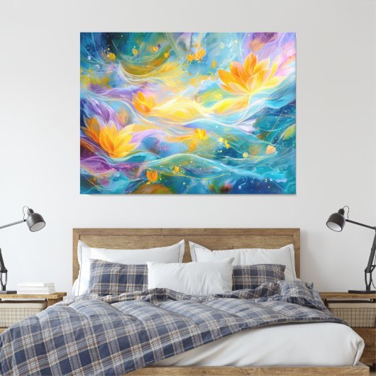 Abstract Golden Lotus Floating Flowers Canvas Afdruk (Insitu (Slaapkamer))