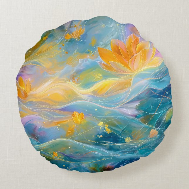 Abstract Golden Lotus Floating Flowers  Rond Kussen (Achterkant)