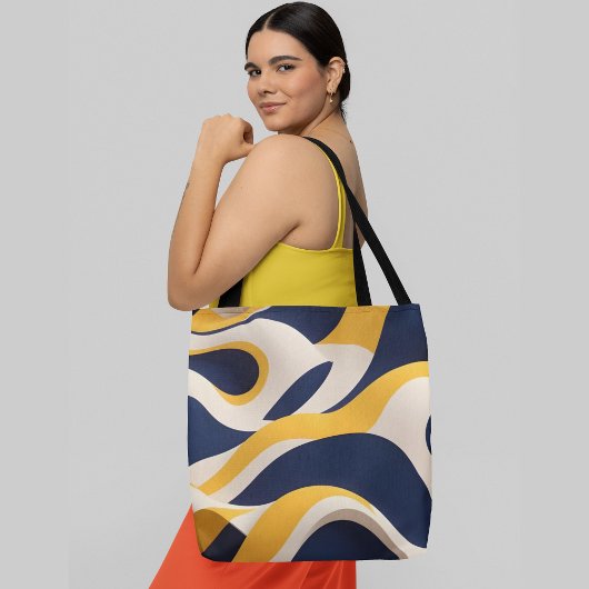 Abstract golvend patroon met marineblauw geel tote bag