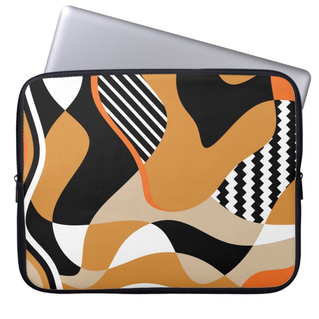 Abstract golvend:  zwart patroon laptop sleeve (Voorkant)