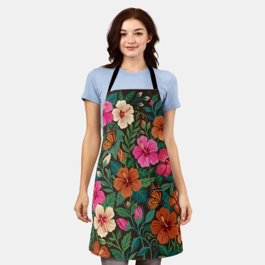 Abstract Gouache Hibiscus Vlinders Schort (Gedragen)