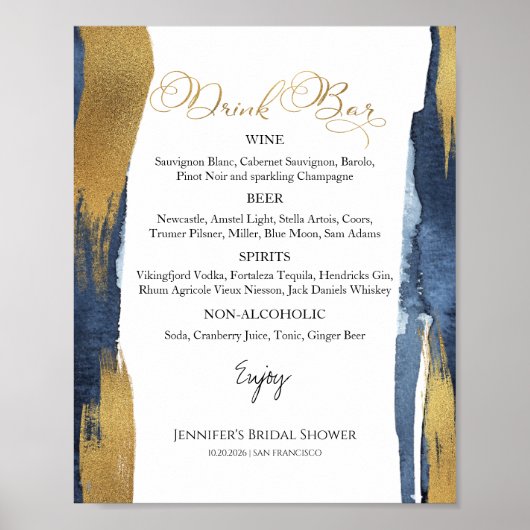 Abstract Goud Blauw Vrijgezellenfeest Drinken Menu Poster (Voorkant)