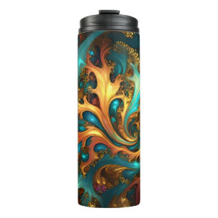 Abstract Goud Blauwgroen Sinaasappel Vlammen, Thermosbeker