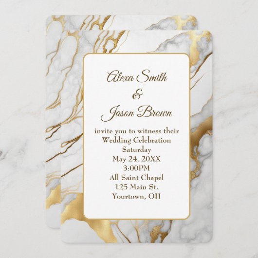 Abstract Goud en Wit Marmeren Bruiloft Uitnodigen Kaart (Voorkant / Achterkant)