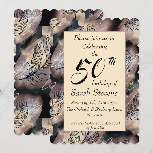 Abstract goud en zwart met veren 50e verjaardag kaart (Voorkant / Achterkant)
