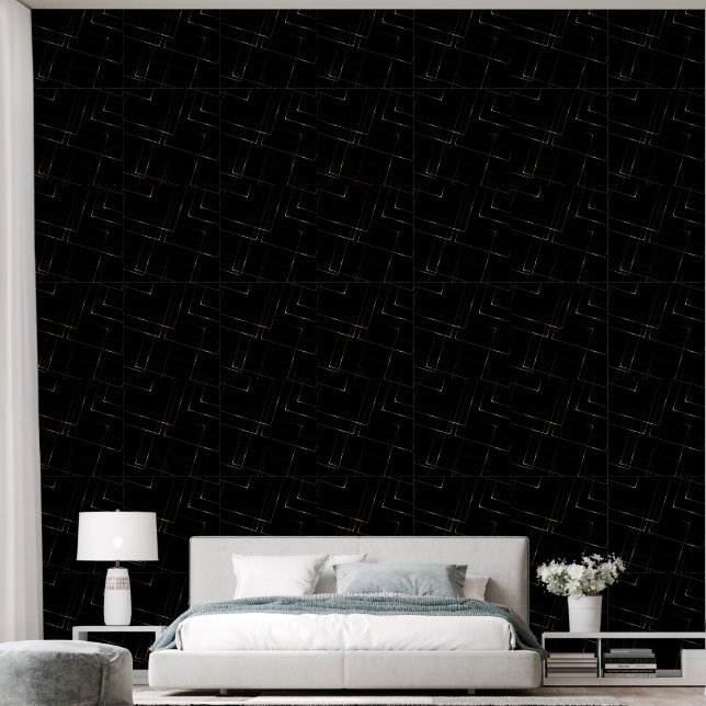 Abstract Goud en Zwart Vierkant Patroon Wallpaper Behang (Slaapkamer)