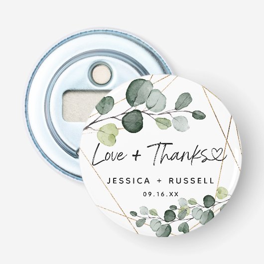 Abstract Goud Eucalyptus Liefde en Dank Button Flesopener (Voorkant)