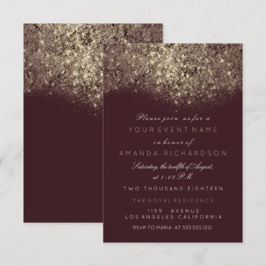 Abstract Goud Glitterend Glanzend Bourgondië Typog Kaart (Voorkant / Achterkant)