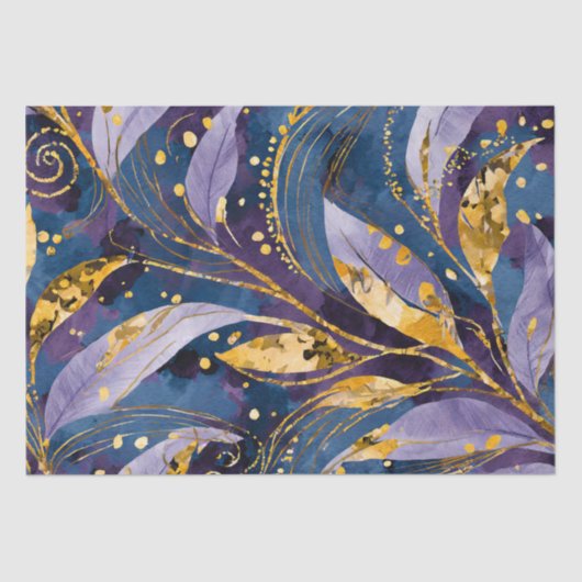 Abstract Goud Paarse en Blauwe bladeren Decoupage Tissuepapier (Voorkant)