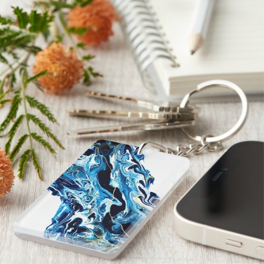 Abstract goudblauw witte grijze vlecht sleutelhanger (Voorkant Rechts)