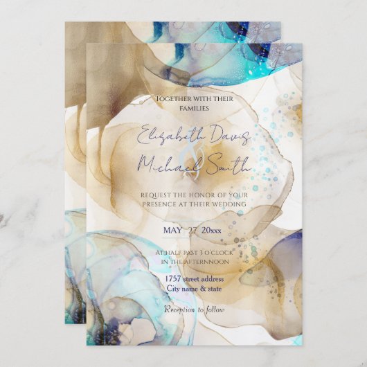 Abstract goudblauwe vloeibare kunstschildering kaart (Voorkant / Achterkant)