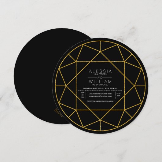 Abstract gouddiamantjuweel zwarte bruiloft kaart (Voorkant / Achterkant)