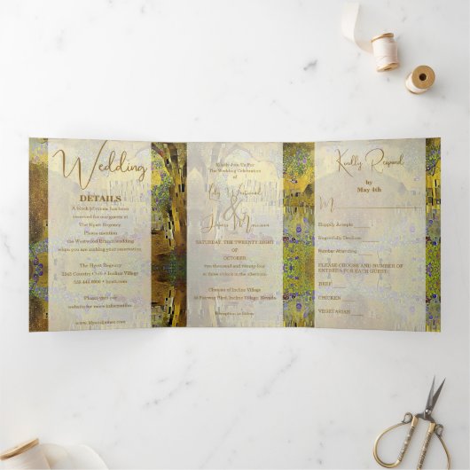 Abstract gouden blad bruiloft drieluik uitnodiging (Binnen)
