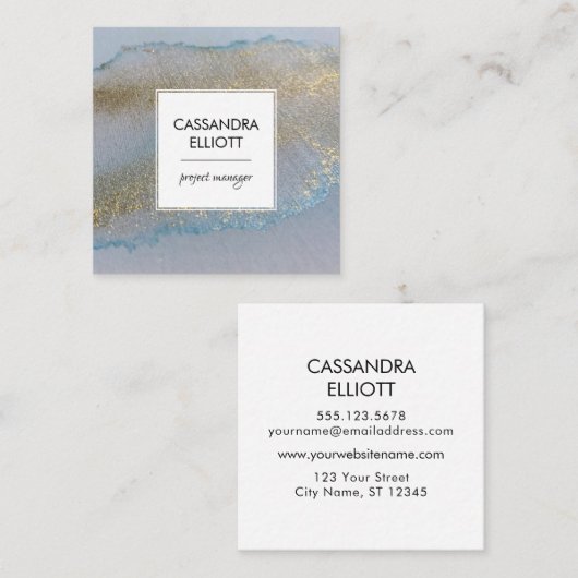 Abstract gouden en subtiele blauwe alcoholinkt Vlo Vierkante Visitekaartje (Voorkant / Achterkant)