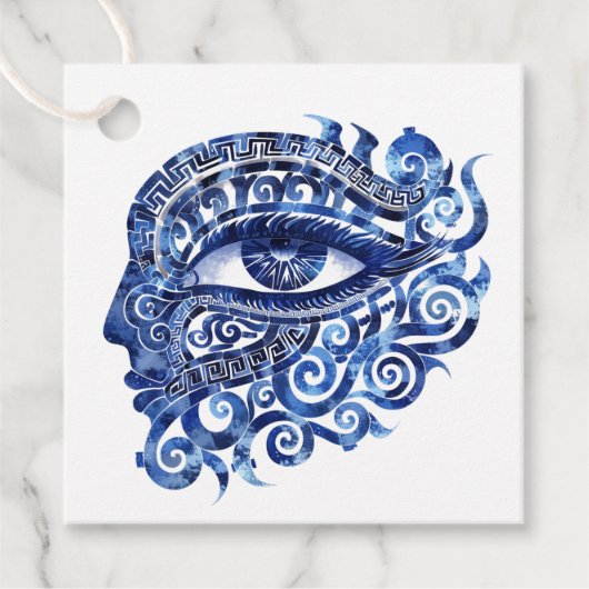 Abstract Grieks Evil Eye Met Grieks Key Bedankjes Labels (Voorkant)