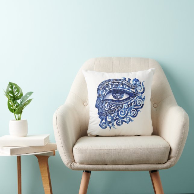 Abstract Grieks Evil Eye Met Grieks Key Kussen (Stoel)