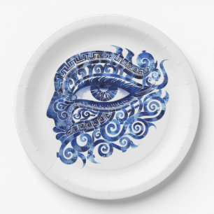 Abstract Grieks Evil Eye Met Grieks Key Papieren Bordje