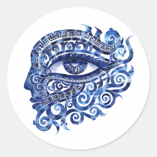 Abstract Grieks Evil Eye Met Grieks Key Ronde Sticker (Voorkant)