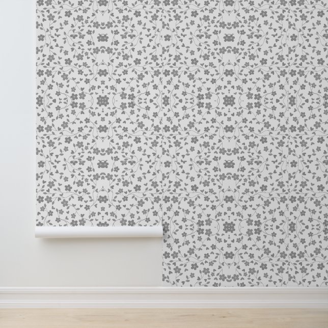 Abstract grijs en wit bloemmotief behang (Applicatie)