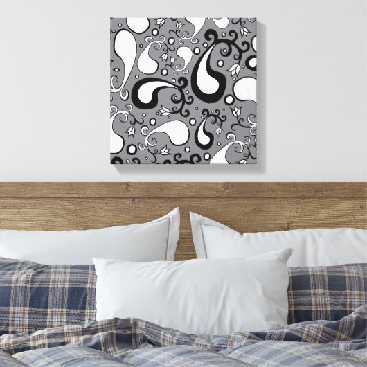 Abstract grijs en wit Tulip Paisley-patroon Canvas Afdruk (Insitu (Slaapkamer))