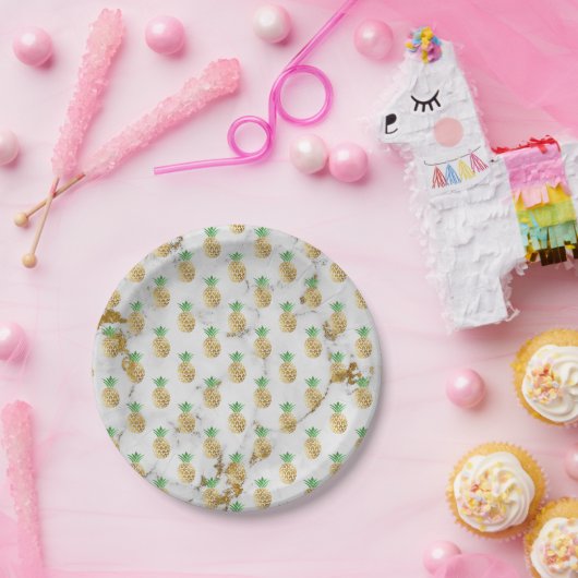 Abstract Grijs Goud Carrara Marmer Gouden Ananas Papieren Bordje (Feest)