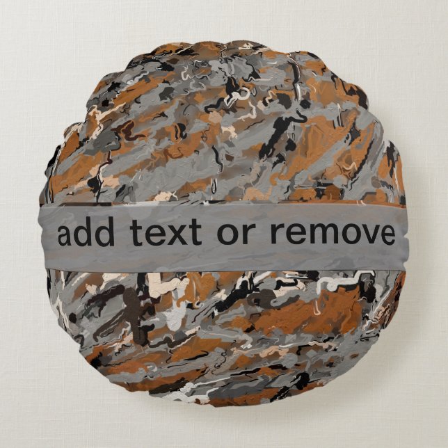 Abstract grijs, zwart en karamel rond kussen (Voorkant)