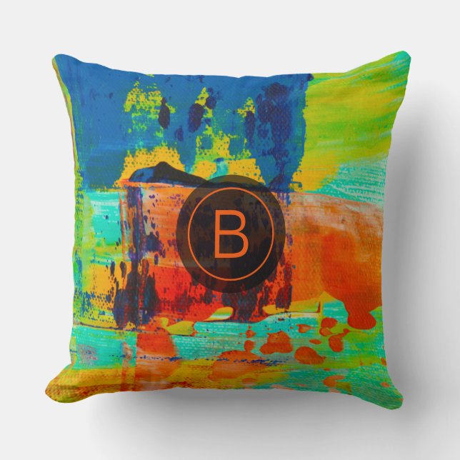 Abstract groen blauw Oranje bruin monogram Kussen (Voorkant)