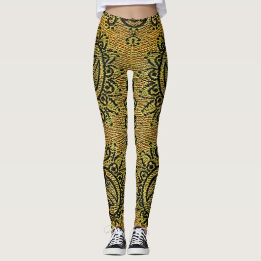 Abstract groen, geel paisleypatroon leggings (Voorkant)