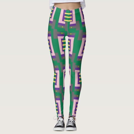 Abstract groen gele patroon met lijnen en Stippen Leggings (Voorkant)