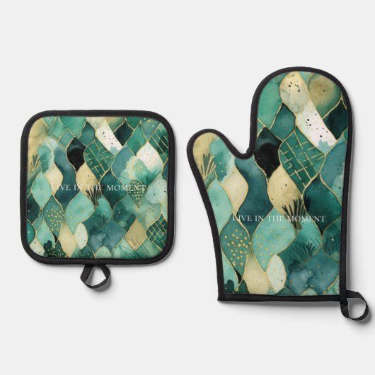 Abstract groen goud ovenwant & pannenlap set (Voorkant)