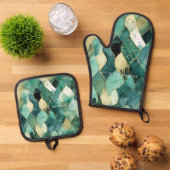 Abstract groen goud ovenwant & pannenlap set (Top down)