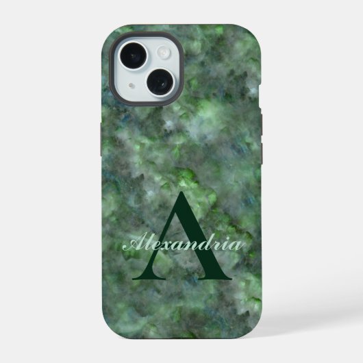 Abstract groen kwarts marmer graniet monogram iPhone 15 case (Achterkant)