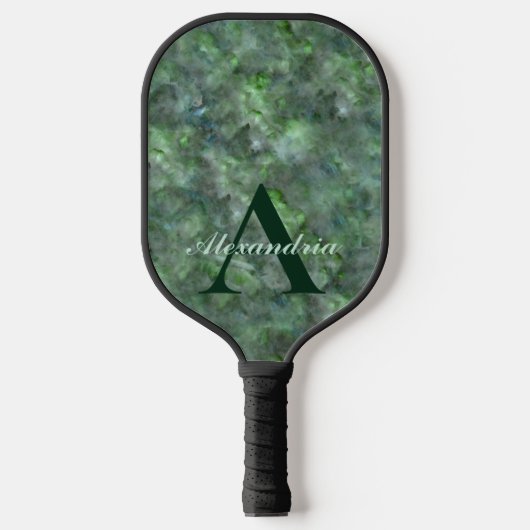 Abstract groen kwarts marmer graniet monogram pickleball paddle (Voorkant)