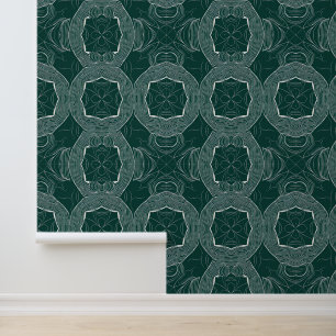 Abstract Groen & Wit Bloemlijnpatroon Behang