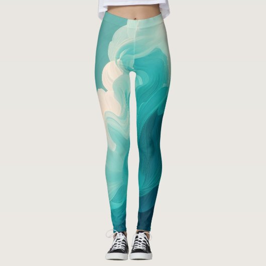 Abstract groene en witte golven stromen leggings (Voorkant)
