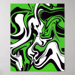Abstract groene, zwarte en witte vloeibare kunst poster