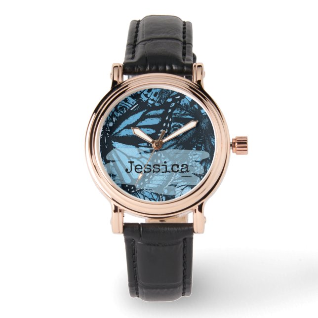 Abstract Grunge Blauwe Vlinderkunst Persoonlijk Horloge (Voorkant)