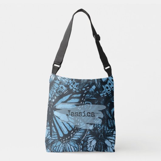 Abstract Grunge Blue Butterfly Art Personalised Crossbody Tas (Voorkant)
