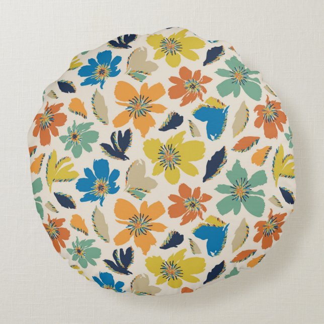 Abstract Hand-Drawn Boho Floral Pattern Rond Kussen (Achterkant)