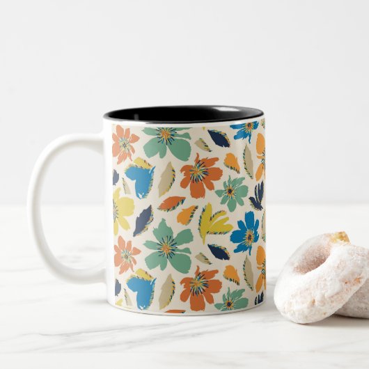 Abstract handgetekend boho bloemmotief tweekleurige koffiemok (Met donut)