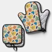 Abstract handgetekend boho bloempatroon ovenwant & pannenlap set (Voorkant / Achterkant)