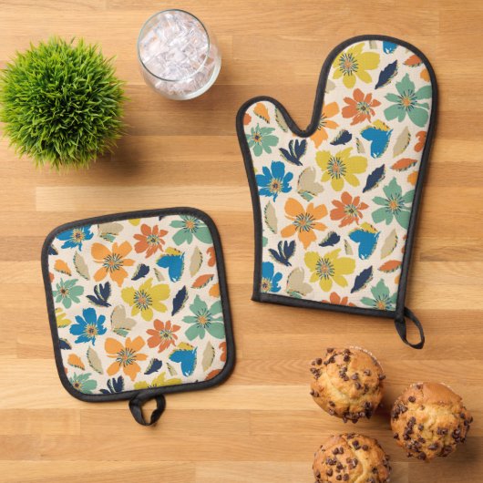 Abstract handgetekend boho bloempatroon ovenwant & pannenlap set (Top down)