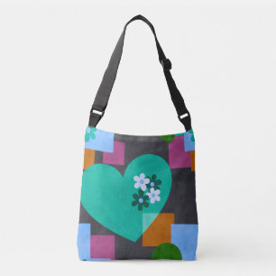 abstract hart, geometrische bloem, kleurrijke tote crossbody tas