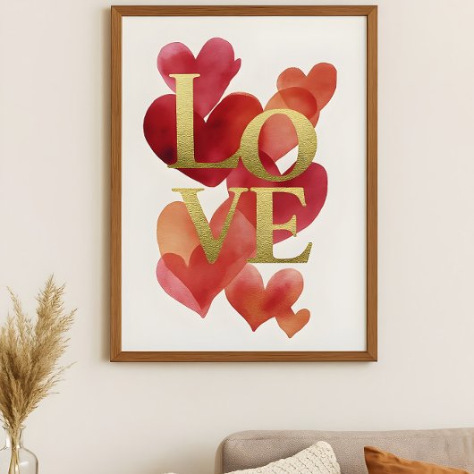 Abstract Hearts and Gold LOVE Typography Art  Poster