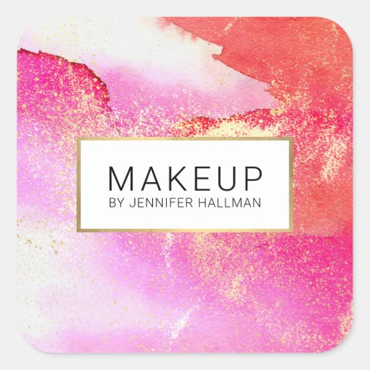 Abstract helroze aquarel namaak goudstof vierkante sticker (Voorkant)